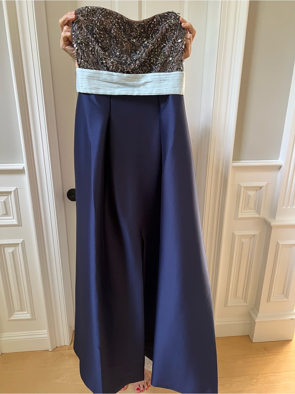Sachin + Babi Navy Gown with Silver-Beaded Bodice and Ivory Waistband